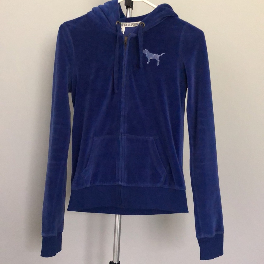 Love Pink Blue Velour Track Jacket Zip Up Hoodie in Size Extra Small XS